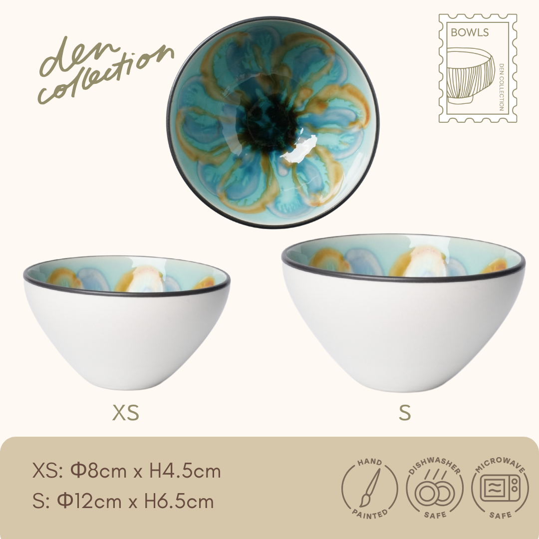 Marble Blossom Bowl in turquoise – 8cm/12cm handmade Mino pottery with crackle and yohen glaze. Ideal for modern dishes.  
マーブルボウル(ターコイズ)。8cm/12cmの美濃焼。貫入釉と窯変釉による独特の表情が魅力。和洋問わず使える器です。